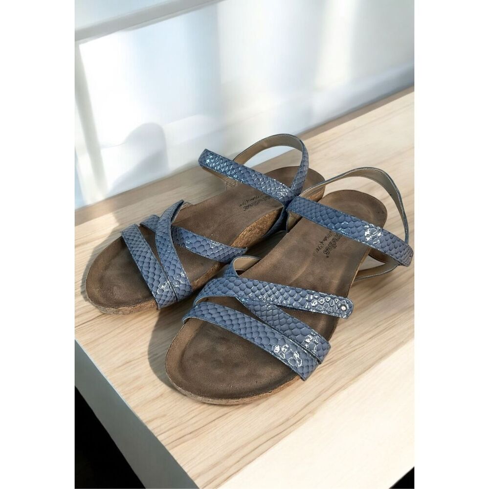 Walking Cradles Sandals Women’s 10M Blue Snake Leather Cork Low Wedge Strappy